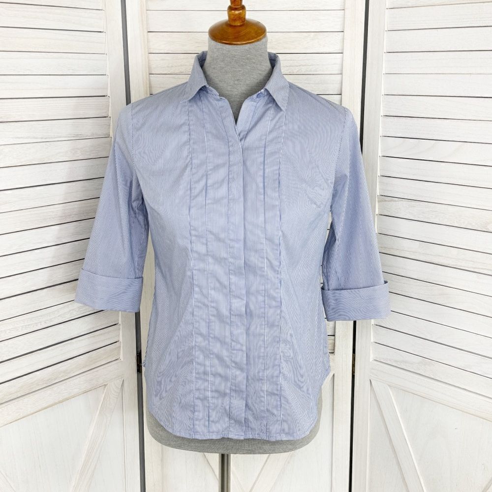 Worthington Petite Striped Pintuck Pleat Button‎ Front Shirt Blue White Small